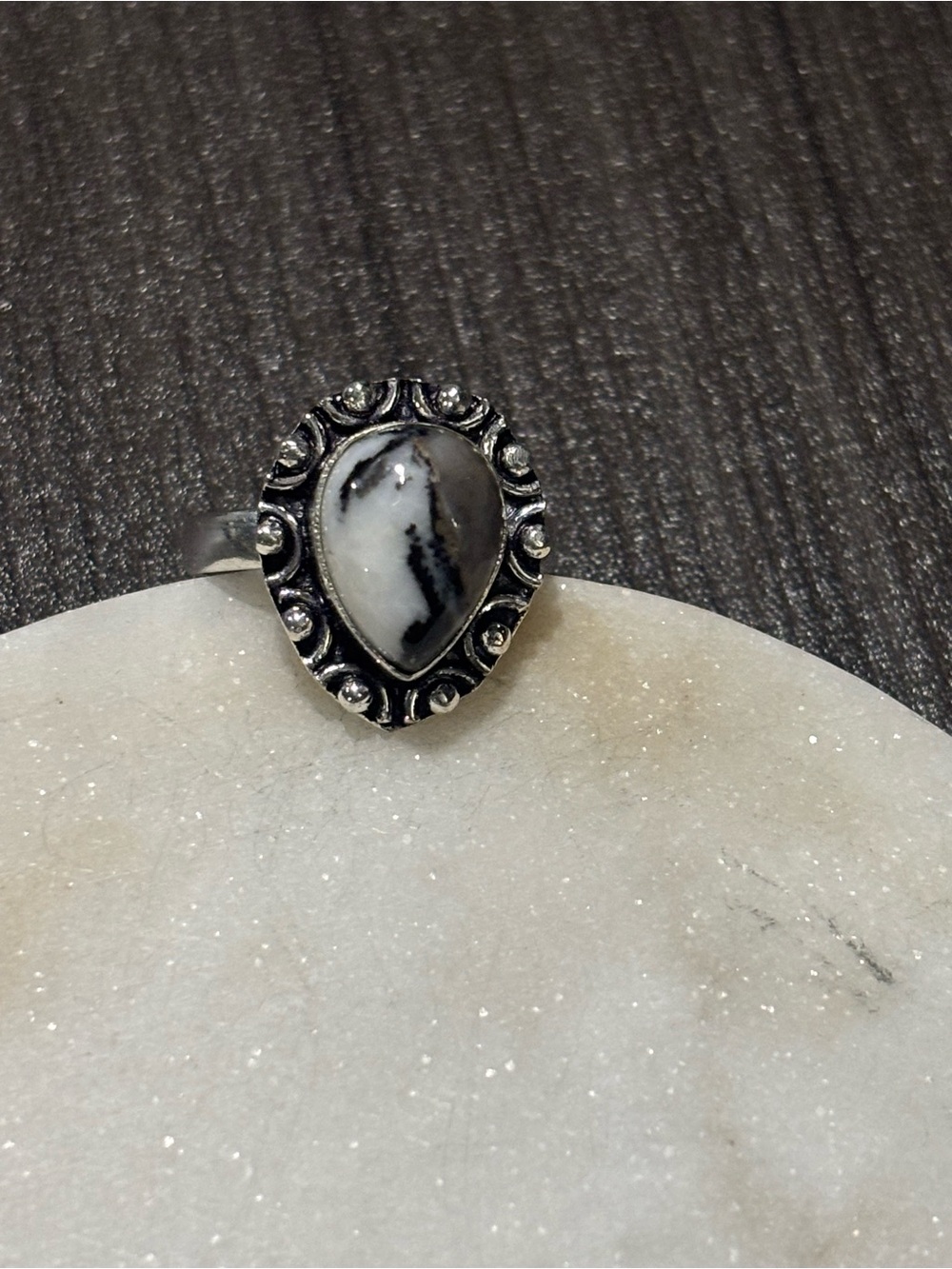 Sterling Silver Teardrop White & Black Stone Ring